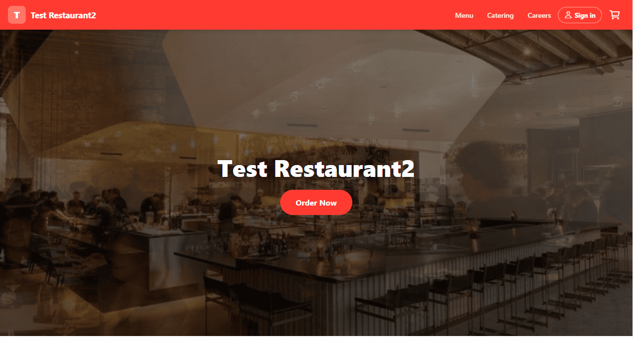 Test Restaurant2 homepage with photo, navigation, and Order Now