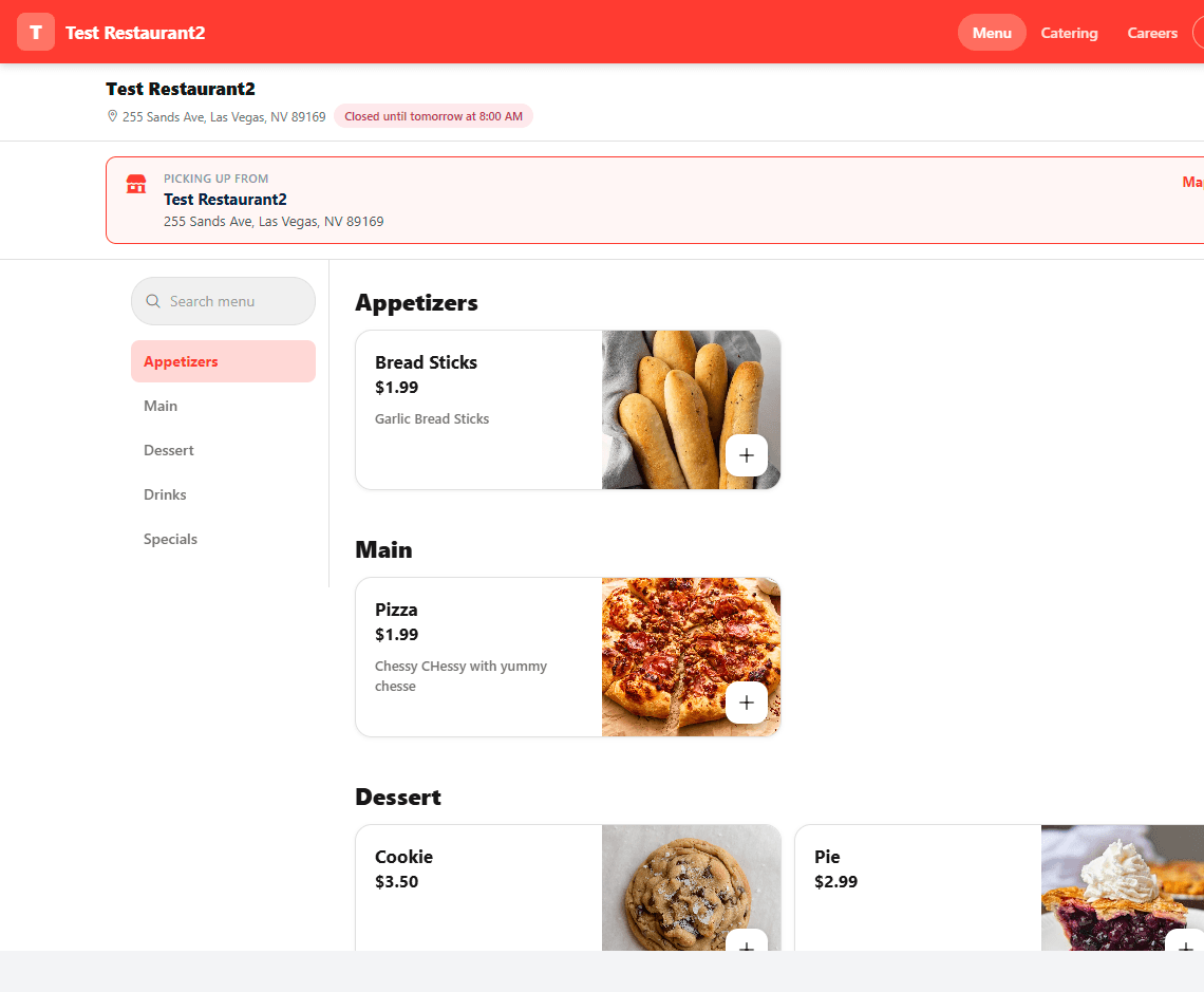 Test Restaurant2 menu with categories, prices, and pickup location